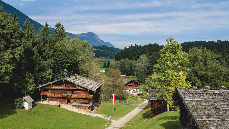 Museum of Tyrolean Farmhouses from a distinct high vantage point highlighting the traditional buildings in Austria 