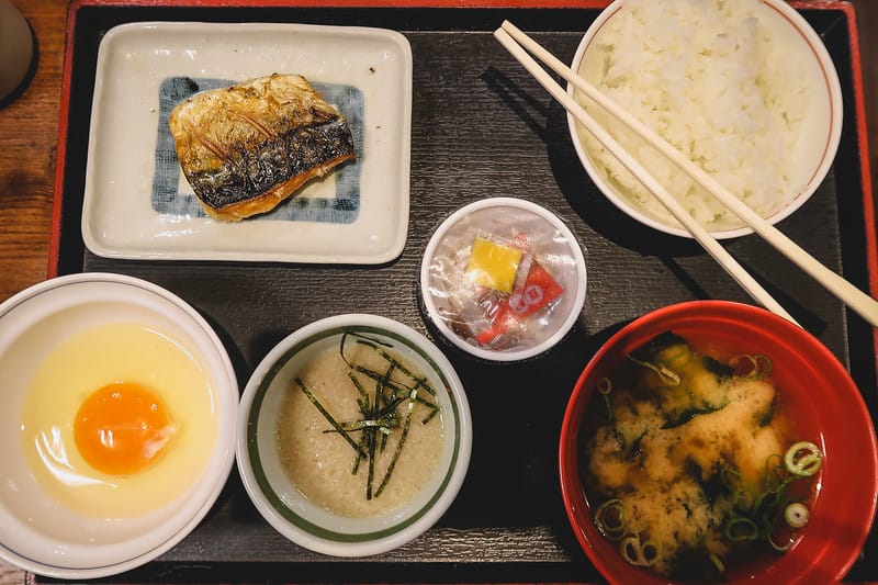 My first Japanese meal consisted of traditional Japanese breakfast including fish and rice as a first impression in Japan