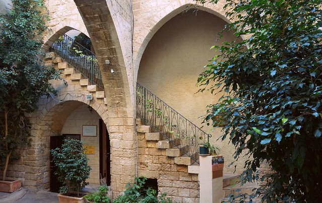 Nazareth Fauzi Azar Inn archways and distinct staircase at the hotel we stayed at in Israel 