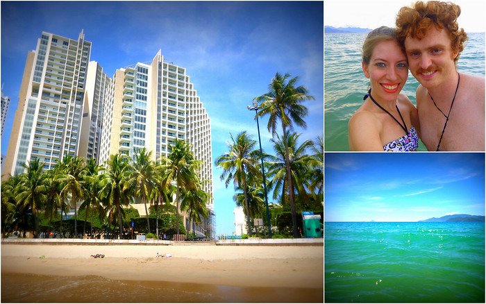 Beachfront skyline of Nha Trang, Vietnam with tall modern hotels, swaying palm trees, and golden sand, alongside Nomadic Samuel and Audrey Bergner of That Backpacker enjoying a swim in the turquoise waters of the South China Sea