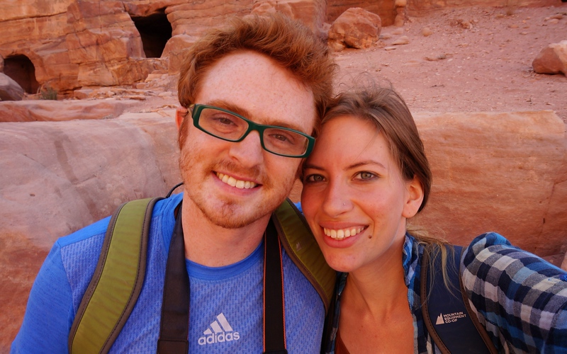 Nomadic Samuel and Audrey Bergner That Backpacker all smiles, joy and pure wonderment visiting for the first time in Petra, Jordan.