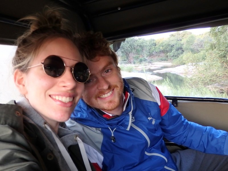 Nomadic Samuel and Audrey Bergner That Backpacker all smiles whilst on safari in Kruger National Park in South Africa 
