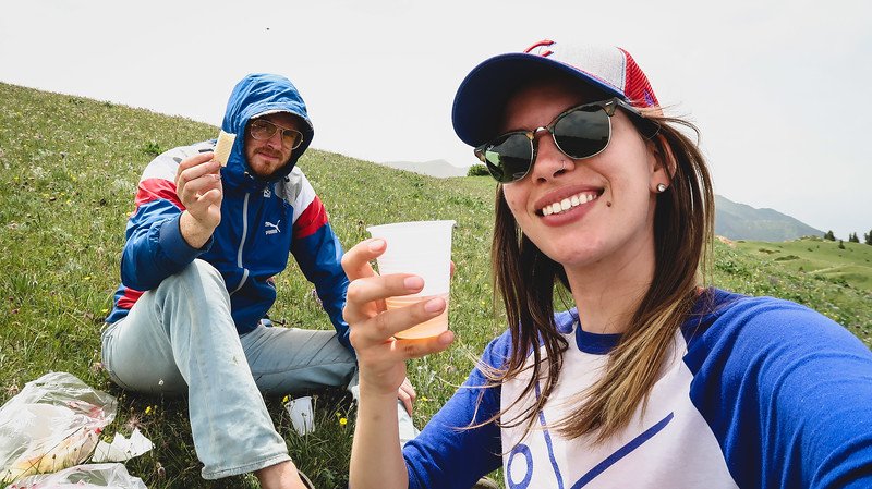 Nomadic Samuel and Audrey Bergner That Backpacker enjoying a picnic on the Shatyly day trek in Kyrgyzstan 