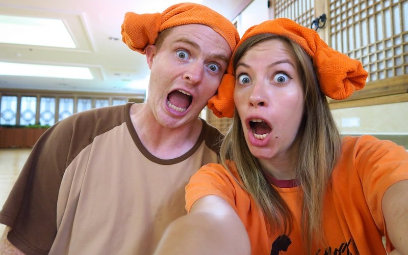 Nomadic Samuel and Audrey Bergner That Backpacker enjoying a crazy moment at the jjimjilbang in Seoul, Korea 