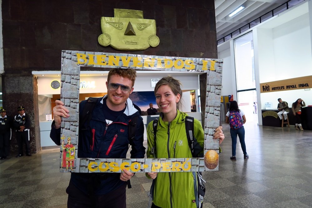 Nomadic Samuel and Audrey Bergner That Backpacker excited after arriving to Cusco airport together from Lima after a short but scenic flight 