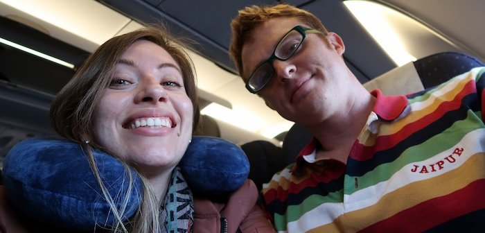 Nomadic Samuel and Audrey Bergner That Backpacker excited to be flying to South Africa with comfy neck pillows 