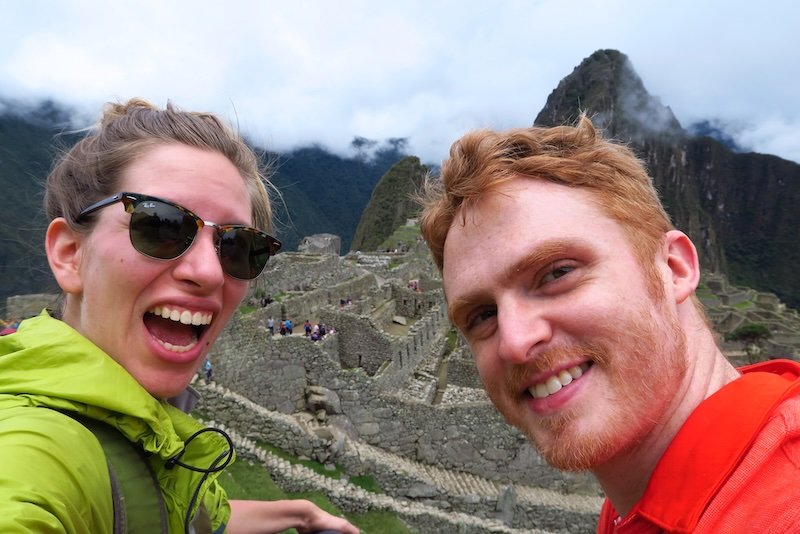 Nomadic Samuel and Audrey Bergner That Backpacker thrilled and nothing but smiles to be visiting Machu Picchu, Peru from Cusco 