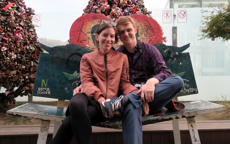 Nomadic Samuel and Audrey Bergner That Backpacker visiting Namsan to check out N Seoul Tower 