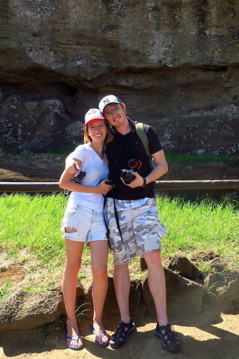Nomadic Samuel and Audrey Bergner That Backpacker wearing comfortable tops and shorts visiting Easter Island Rapa Nui, Chile backpacking South America 