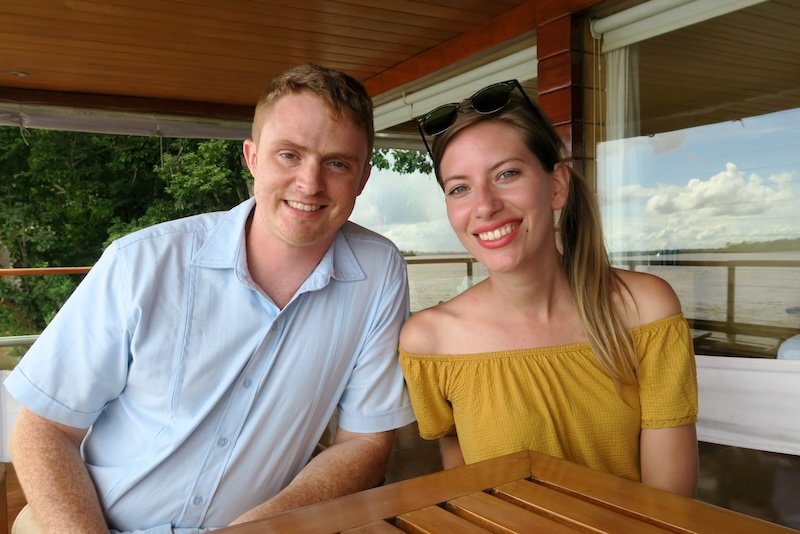 Nomadic Samuel and Audrey Bergner That Backpacker wearing stylish but comfortable evening wear in Iquitos, Peru 