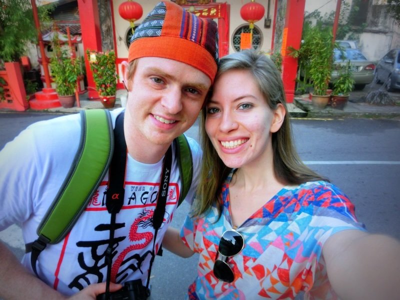 Nomadic Samuel and Audrey Bergner That Backpacker thrilled to be backpacking in SE Asia and visiting Malacca, Melaka, Malaysia in colorful chinatown 