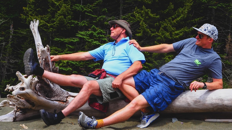 Nomadic Samuel and his Dad George Jeffery doing silly poses on a road trip to New Brunswick 