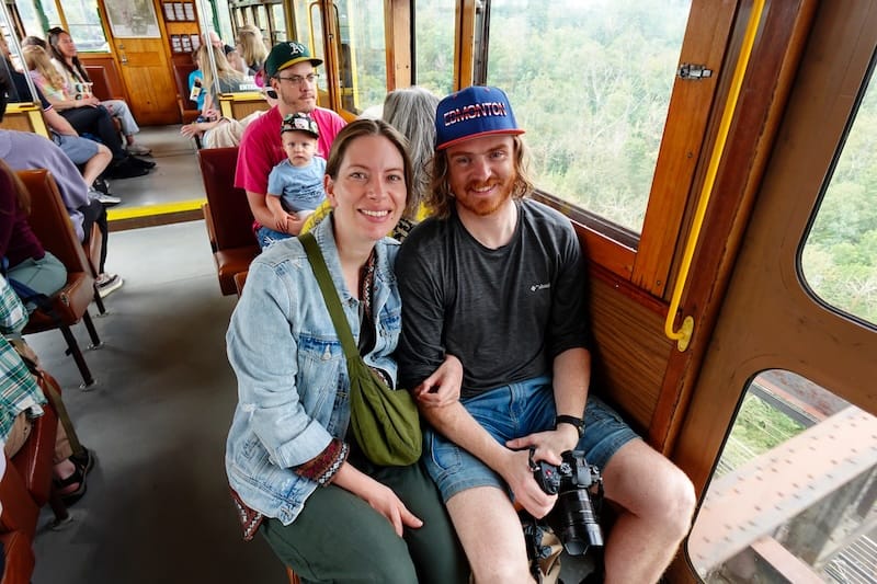 Nomadic Samuel and That Backpacker Audrey Bergner enjoying a summer tram ride together in Edmonton, Canada 