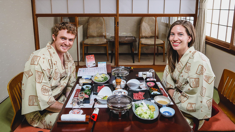 Nomadic Samuel and That Backpacker Audrey Bergner having a kaiseki dinner during our ryokan stay in Takayama, Japan Nomadic Samuel and That Backpacker Audrey Bergner having a kaiseki dinner during our ryokan stay in Takayama, Japan