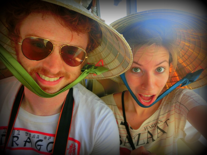 Nomadic Samuel and That Backpacker Audrey Bergner looking like absolute tourists wearing conical hats in Vietnam Nomadic Samuel and That Backpacker Audrey Bergner looking like absolute tourists wearing conical hats in Vietnam