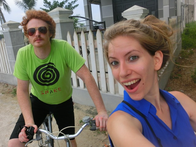 Nomadic Samuel and That Backpacker Audrey Bergner riding bicycles to Tra Que Herb Village on a day trip from Hoi An, Vietnam 