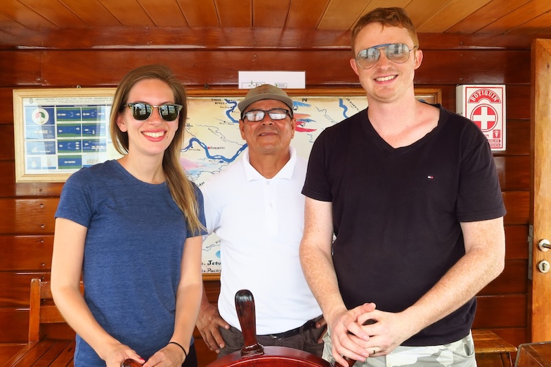 Nomadic Samuel and That Backpacker Audrey Bergner setting sail on an Amazon river cruise with captain Nomadic Samuel and That Backpacker Audrey Bergner setting sail on an Amazon river cruise with captain