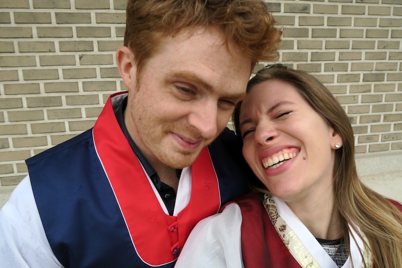 Nomadic Samuel and That Backpacker Audrey Bergner wearing hanbok looking the part at the Korean Folk Village in South Korea 