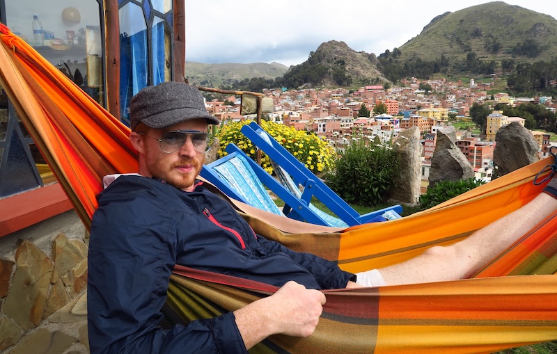 Nomadic Samuel enjoying his best hippie life chilling out on the hammock in Copacabana, Bolivia Nomadic Samuel enjoying his best hippie life chilling out on the hammock in Copacabana, Bolivia