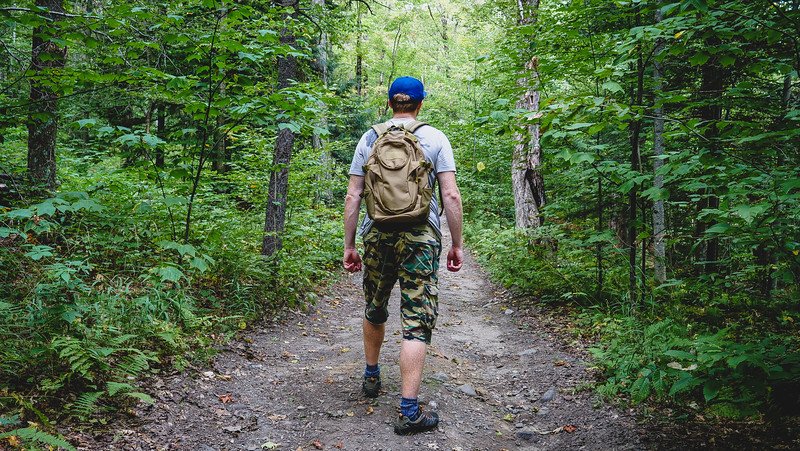 Nomadic Samuel hiking along a shaded forest trail in Sutton, Quebec, surrounded by lush green trees in the Eastern Townships during a summer outdoor adventure