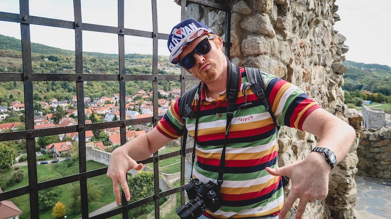 Nomadic Samuel looking gangster visiting Devin Castle with his Slovan hockey hat on 