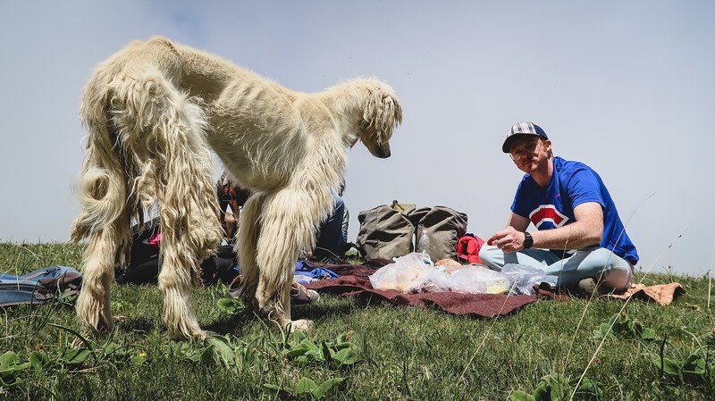 Nomadic Samuel enjoying a picnic by an alpine lake during the 3-Day Panorama Trek in Kyrgyzstan, sitting on a blanket with food while a tall Kyrgyz hunting dog stands nearby on the grassy hillside