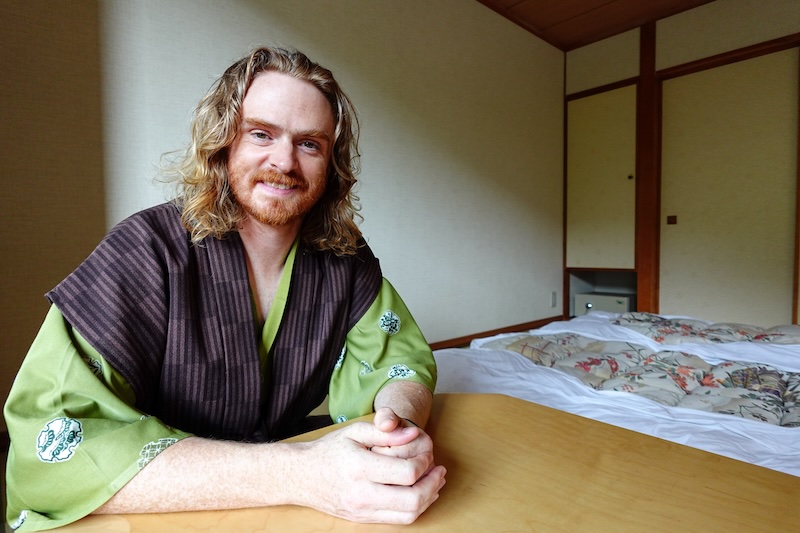 Nomadic Samuel ready for onsen time in Noboribetsu Onsen in Hokkaido, Japan 