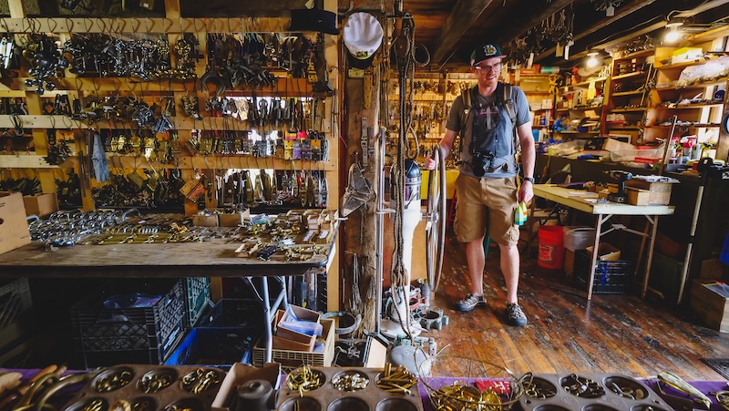 Nomadic Samuel thrilled to be checking out trinkets at a local artisan store in Lunenburg, Nova Scotia, Canada 