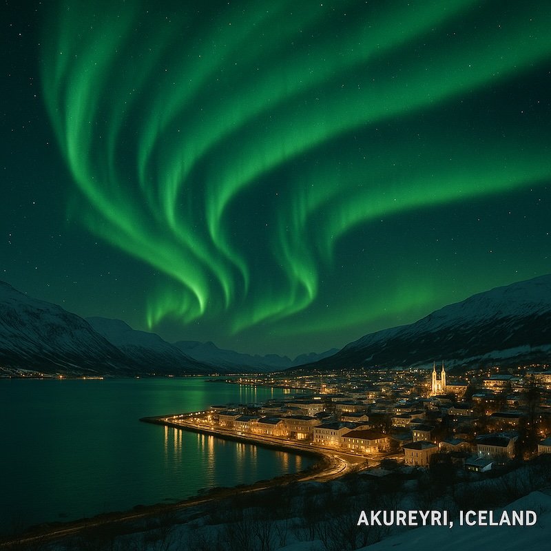 Northern Lights Over Akureyri Iceland – Aurora Borealis Travel Photo of Icelandic Fjord, Snowy Mountains and City Lights