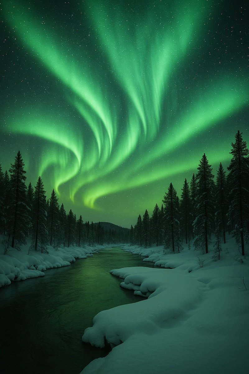 Northern Lights over Inari Finland – Aurora Borealis dancing across snowy forests and frozen river in Finnish Lapland winter sky