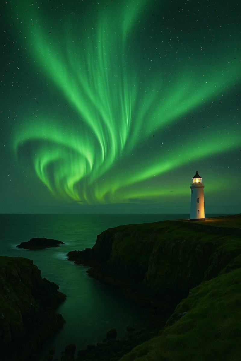 Northern Lights Shetland Scotland – Aurora Borealis above lighthouse and rugged coastline in Scottish Isles night sky