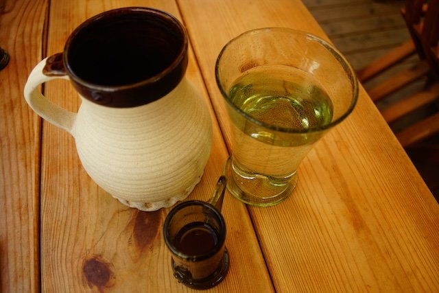 Olde Hansa traditional drinks on display in Medieval style cups in Tallinn, Estonia 
