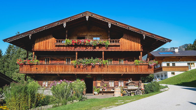 One of the farmhouses in Alpbach with its unique wooden design and finish giving it a classic Austrian alpine appearance 