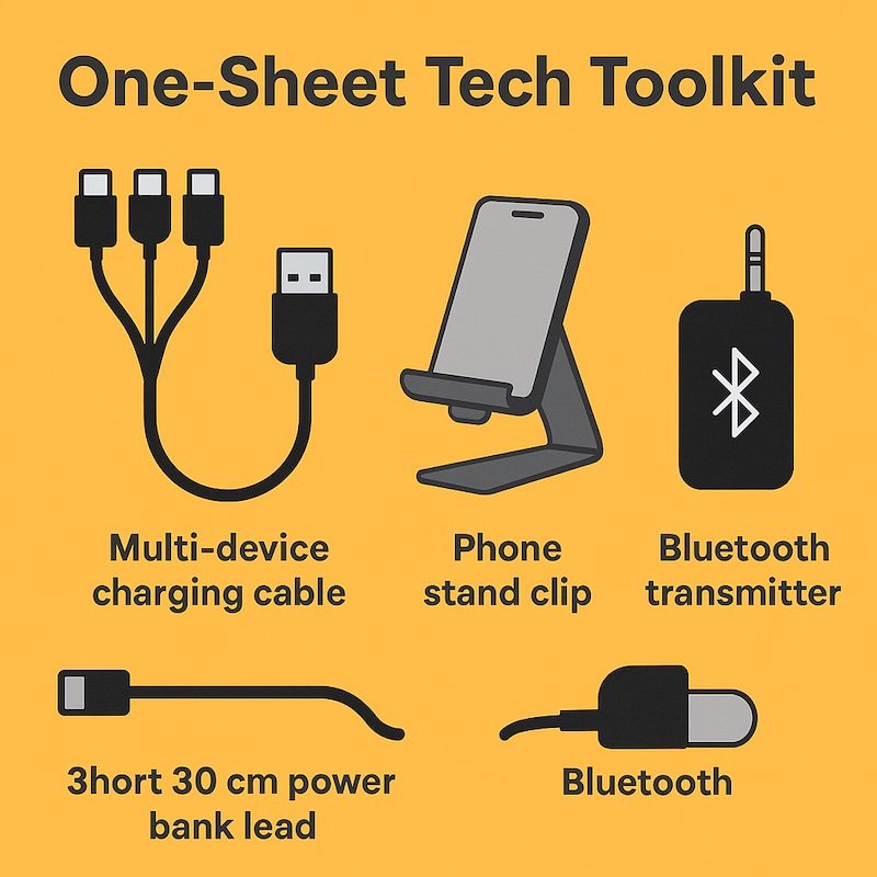 One sheet tech toolkit including many charging devices and items 