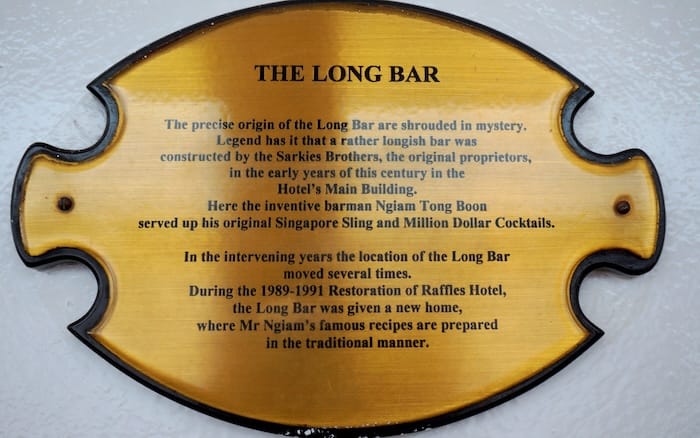 Origin of the Long Bar monument photo at the Raffles Hotel in Singapore