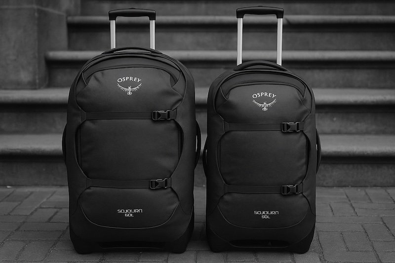 A black and white photograph of two Osprey Sojourn travel backpacks, one 80L and one 60L, standing side by side on a paved sidewalk in front of stone steps. Both feature extended handles and wheels, clearly showing the size difference between the two models