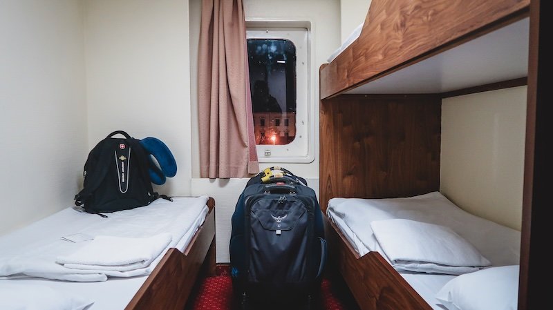 Osprey Sojourn wheeled backpack in our room on a ferry from Dubrovnik to Bari 