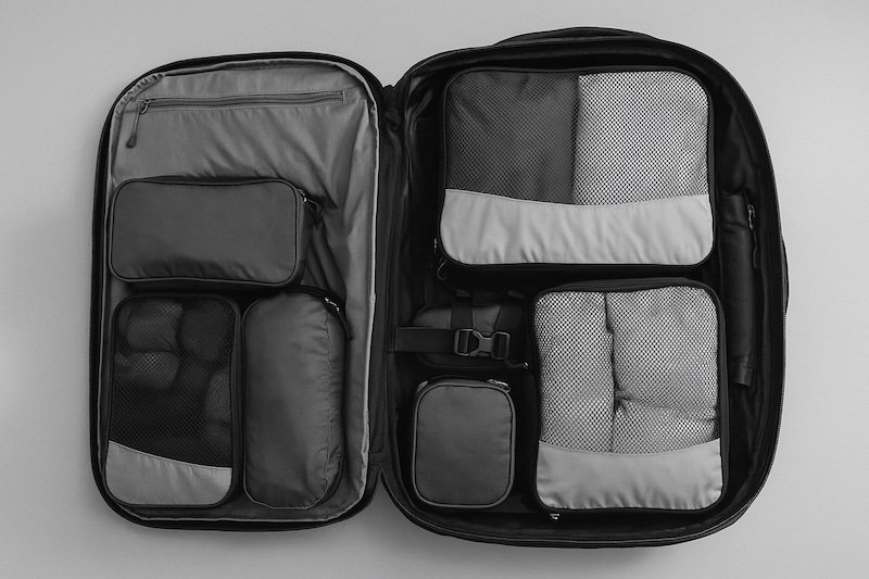 A black and white photograph of an open travel backpack neatly organized with packing cubes of different sizes. Clothing, toiletries, and accessories are arranged into zones, with side pockets visibly packed and a compression strap securing everything, illustrating efficient packing