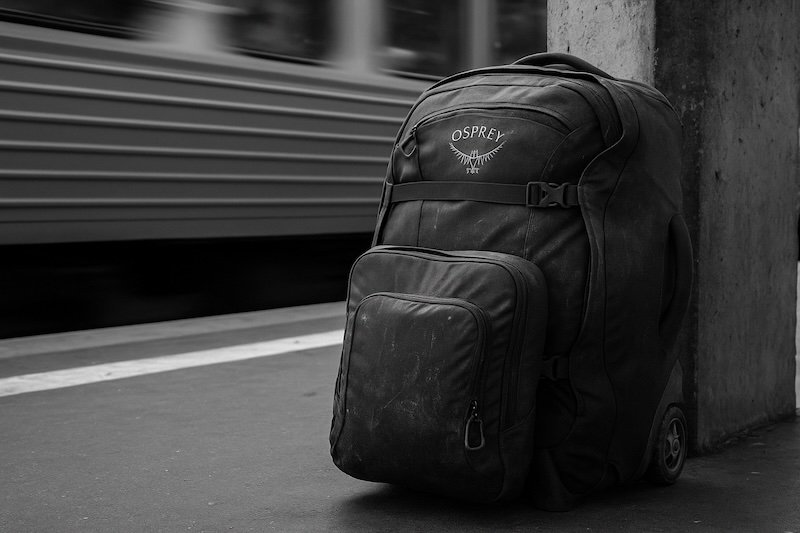 A black and white photograph of a rugged Osprey Sojourn backpack resting against a concrete column on a train platform. The bag is scuffed and well-traveled, while a train passes in the background with motion blur, emphasizing the backpack’s durability and toughness