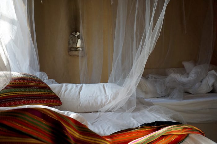 Our bedding with mosquito nets at the Dana Biosphere as Bedouin accommodations in Jordan 