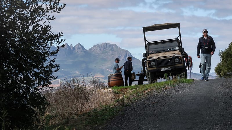 Our safari-style vehicle made for a fun tour parked on a rural road on the hillside in Stellenbosch 