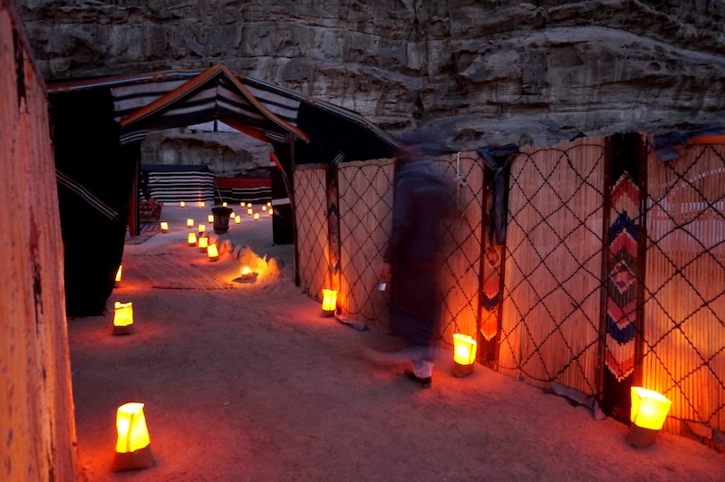 Our traditional Bedouin camp all lit up at night in Wadi Rum, Jordan 
