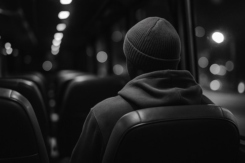 A black-and-white photograph shows the back of a lone passenger on a night bus in South America, wearing a beanie and hoodie, head turned toward the window. The blurred city lights outside create a dreamy bokeh, enhancing the quiet, reflective travel atmosphere