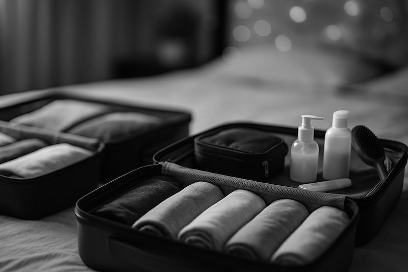 A black and white photograph focusing on the macro details of two open suitcases on a bed, neatly packed with rolled clothes, toiletries, and shared travel items. The background features soft bokeh, highlighting the organized packing setup without showing faces or bodies