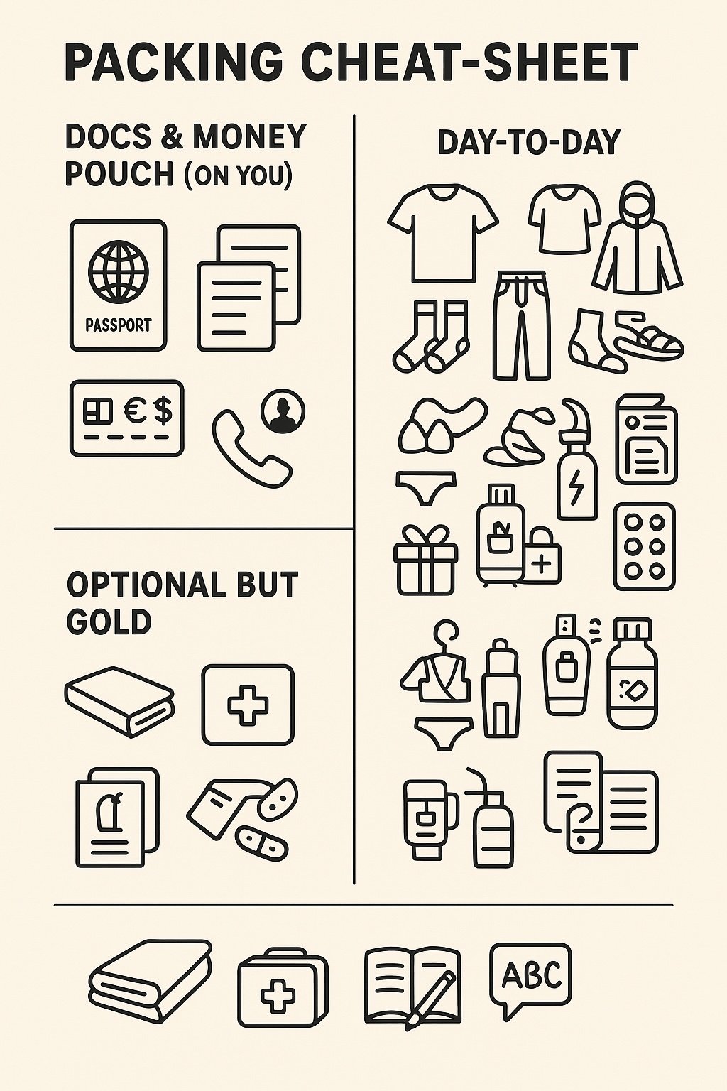 Packing cheat sheet for teenagers including docs, money, day to day essentials and nice to have items 
