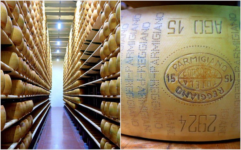 Rows of Parmigiano-Reggiano cheese wheels aging on wooden shelves at Hombre dairy in Emilia-Romagna, Italy, alongside a close-up of the stamped rind showcasing authenticity, tradition, and artisanal Italian food culture for gourmet travelers
