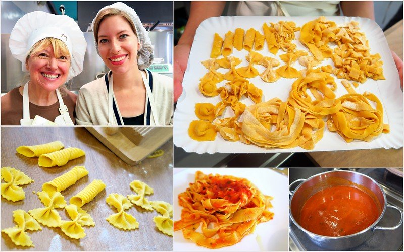 Audrey Bergner of That Backpacker learning to make fresh pasta at Casa Artusi in Emilia-Romagna, Italy, with various handmade pasta shapes, a simmering tomato sauce, and cooking alongside locals for an authentic Italian culinary experience