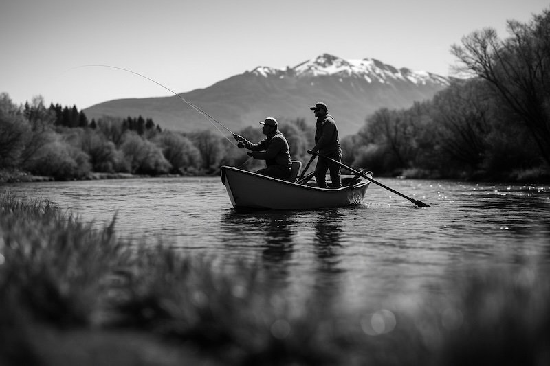 A black and white photograph of a fly fisherman casting from a drift boat on a Patagonian river in spring. A guide rows behind him as the boat floats downstream. The image is taken from a low vantage point near the water, with blurred grasses in the foreground and snow-capped mountains in the background