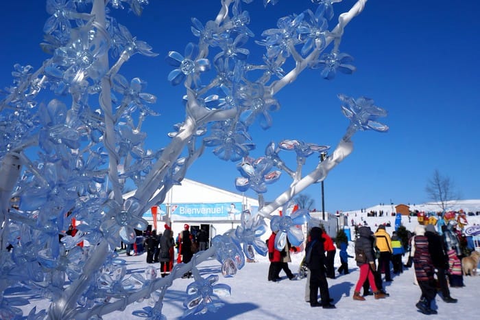 People enjoying winter at Carnival de Quebec in Canada with views from an ice tree installation 