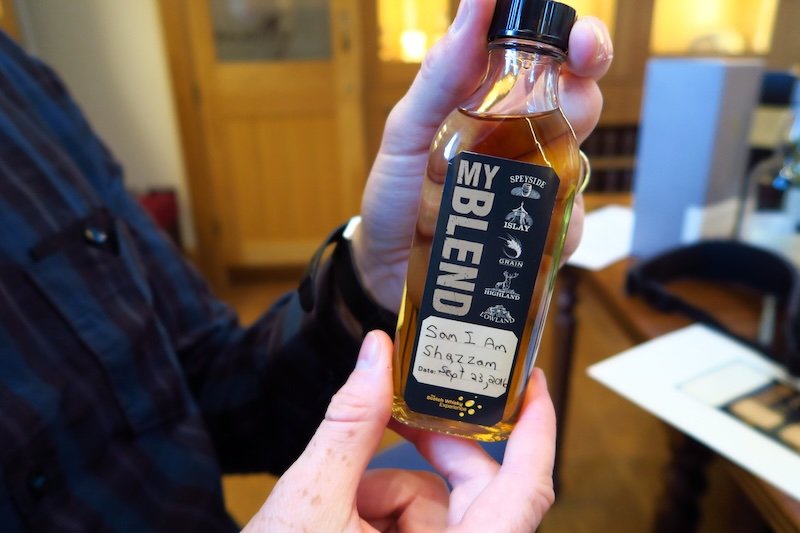 Personalized whisky blend bottle labeled ‘My Blend’ from a whisky blending session at the Scotch Whisky Experience in Edinburgh, Scotland Personalized whisky blend bottle labeled ‘My Blend’ from a whisky blending session at the Scotch Whisky Experience in Edinburgh, Scotland